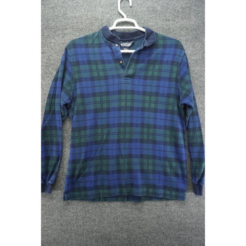 Vtg Lands End Mens XL Scotch Plaid Interlock Cotton Long Sleeve Polo Rugby Shirt